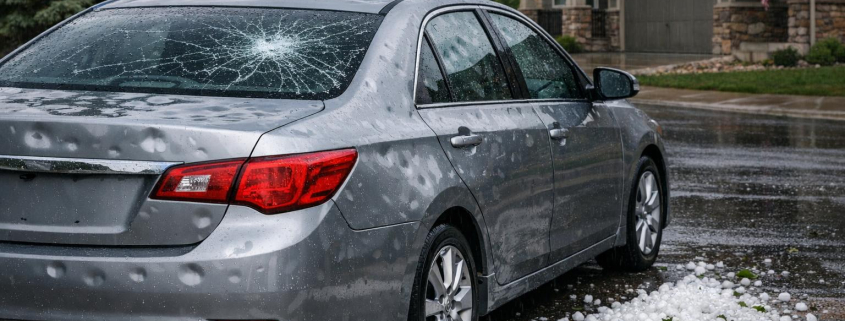 Stock photo of a hail-damaged car with dents and a cracked windshield in a Colorado neighborhood, captured after a storm with wet pavement and cloudy skies.