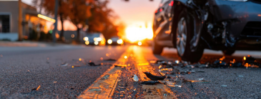 Damaged car after road collision incident on asphalt street with shattered debris at sunset or sunrise traffic lights and blurred background