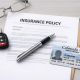 A stock photo showing car keys, an insurance document, and a Colorado driver's license arranged on a table, representing non-owner car insurance in Colorado.
