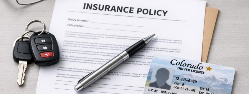 A stock photo showing car keys, an insurance document, and a Colorado driver's license arranged on a table, representing non-owner car insurance in Colorado.