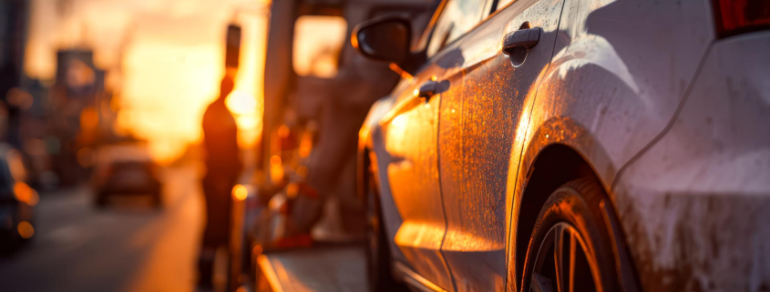 Car being loaded onto a towing truck during sunset in an urban area