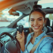 Saleswoman Holding Car Key While Sitting in New Vehicle at Dealership