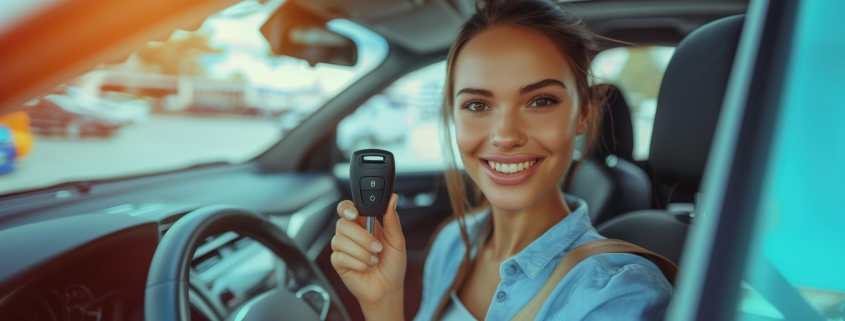 Saleswoman Holding Car Key While Sitting in New Vehicle at Dealership
