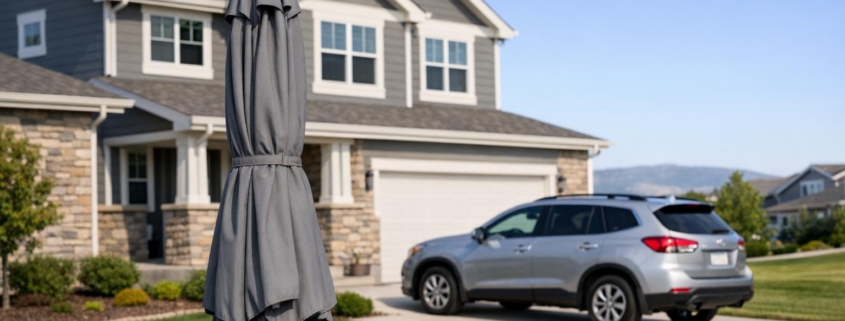 Stock photo of a Highlands Ranch, Colorado home and vehicle, with a closed umbrella symbolizing added liability protection, no people present.