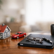 Neatly arranged insurance-related objects on a desk, including a small house, toy car, and policy folder, illustrating liability coverage planning for Colorado homeowners.