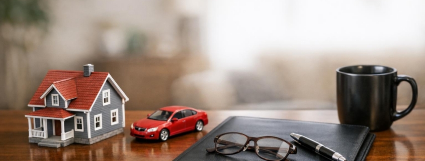 Neatly arranged insurance-related objects on a desk, including a small house, toy car, and policy folder, illustrating liability coverage planning for Colorado homeowners.