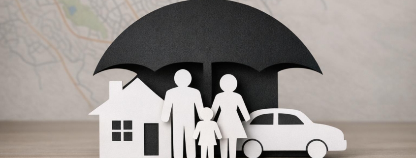 Stock photo of paper cutouts of a house, car, and family protected by an umbrella, representing layered liability insurance coverage for Highlands Ranch homeowners in Colorado.